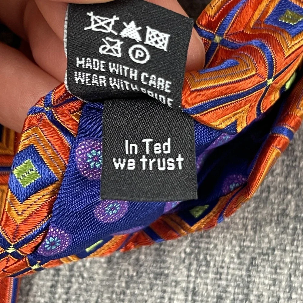 Ted Baker London 100% Silk Necktie Mens Orange Blue Geometric‎ Woven USA Made
